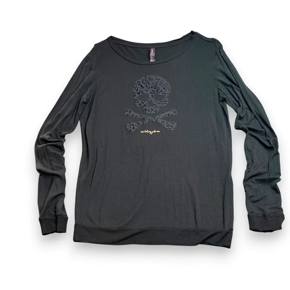 Betsey Johnson Performance Skull Leopard Top Womens Small Black Goth Edgy Punk